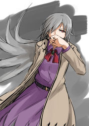 Rule 34 | 1girl, baketsuya, bow, bowtie, brown jacket, covering own mouth, dress, feathered wings, grey hair, grey wings, hair over one eye, hand over own mouth, highres, jacket, kishin sagume, open clothes, open jacket, purple dress, red eyes, single wing, solo, touhou, wings