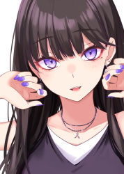 Rule 34 | 1girl, :d, absurdres, black shirt, blue nails, blunt bangs, brown hair, collarbone, commentary request, copyright request, earrings, fingernails, hands up, highres, ichiki 1, jewelry, long fingernails, long hair, looking at viewer, mole, mole under eye, nail polish, necklace, open mouth, portrait, purple eyes, purple nails, shirt, simple background, smile, solo, teeth, upper teeth only, white background, white shirt