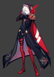 Rule 34 | 1boy, angellyuna, bishounen, black coat, boots, coat, colored skin, cross-laced footwear, crotch plate, eyeshadow, fate/grand order, fate (series), full body, gloves, green eyes, hair over one eye, highres, holding, holding weapon, hood, hood up, karna (fate), karna (santa) (fate), lace-up boots, makeup, male focus, pointing, pointing at viewer, red footwear, red gloves, short hair, simple background, smile, solo, thigh boots, thighhighs, tsurime, weapon, white hair, white skin