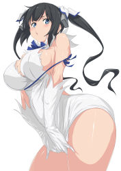 Rule 34 | 10s, 1girl, absurdres, bare shoulders, black hair, blue eyes, breasts, cleavage, covering privates, covering crotch, curvy, dress, dress tug, dungeon ni deai wo motomeru no wa machigatteiru darou ka, female focus, hestia (danmachi), highres, large breasts, long hair, panties, pout, pursed lips, rei no himo, sideboob, simple background, solo, thick thighs, thighs, twintails, ulrich (tagaragakuin), underwear, white background, white panties, wide hips