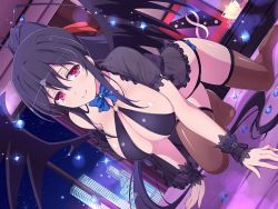 Rule 34 | 1girl, all fours, black hair, black lingerie, breasts, candle, cleavage, female focus, high school dxd, himejima akeno, large breasts, looking at viewer, o-ring, o-ring top, on bed, pink eyes, ponytail, solo, thighhighs