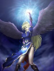 Rule 34 | 1girl, angel wings, arm up, armlet, armor, armored dress, black wings, blonde hair, boots, breath of fire, breath of fire ii, bridal gauntlets, capcom, choker, cloud, dress, feathers, gem, green eyes, highres, jewelry, knee boots, legs, lightning, long hair, long legs, magic, necklace, nina (breath of fire ii), obu (13587), open mouth, side slit, sidelocks, sky, solo, thighs, very long hair, wings