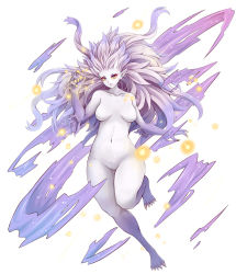 Rule 34 | 1990s (style), 1girl, alternate form, blue eyes, breasts, claws, colored sclera, colored skin, dunceneygak, final fantasy, final fantasy vi, full body, highres, light purple hair, long hair, navel, pointy ears, purple skin, solo, spiked hair, stomach, tina branford, trance terra branford, very long hair, yellow sclera