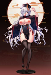 Rule 34 | 1girl, absurdres, alternate costume, black hat, black thighhighs, blue eyes, breasts, commentary request, covered navel, full body, genshin impact, grey hair, hair bun, hair over one eye, hat, highres, jiangshi, large breasts, looking at viewer, nipples, one eye covered, open mouth, pelvic curtain, qingdai guanmao, shan far, shenhe (genshin impact), smile, solo, standing, thighhighs, thighs, tongue, tongue out, wide sleeves