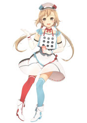 Rule 34 | 1girl, asymmetrical footwear, blue thighhighs, brown eyes, brown hair, docomo, elbow gloves, gloves, hat, highres, long hair, low twintails, mismatched footwear, open mouth, original, over-kneehighs, pigeon-toed, red thighhighs, shirt, skirt, sleeveless, sleeveless shirt, smile, solo, thighhighs, twintails, very long hair, white gloves, wrist cuffs, yoshino ryou, zettai ryouiki