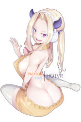 Rule 34 | 1girl, ass, back, blonde hair, boku no hero academia, breasts, butt crack, drill hair, drill sidelocks, earphones, forehead, from behind, full body, horns, hot vr, large breasts, looking at viewer, looking back, meme attire, mount lady, no bra, no panties, open mouth, pink eyes, sidelocks, simple background, sitting, smile, solo, sweater, thighhighs, virgin killer sweater, white background, white thighhighs, yellow sweater
