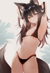 Rule 34 | 1girl, :o, alternate costume, animal ear fluff, animal ears, arknights, armpits, arms behind head, bare shoulders, bikini, black bikini, black hair, breasts, brown bikini, commentary, commentary request, english commentary, highres, long hair, looking at viewer, mochii, nail polish, navel, simple background, small breasts, solo, standing, stomach, string bikini, swimsuit, tail, texas (arknights), tree, twitter username, underboob, white background, wolf ears, wolf girl, wolf tail, yellow eyes