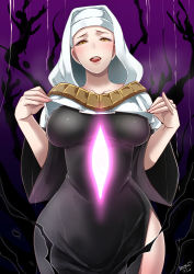 Rule 34 | 10s, 2girls, arms up, artist name, black robe, blush, breasts, breasts apart, butcha-u, collarbone, cowboy shot, dated, dress, fate/extra, fate/extra ccc, fate/grand order, fate (series), fujimaru ritsuka (female), glowing, habit, large breasts, licking lips, lips, looking at viewer, multiple girls, no bra, nun, open mouth, reflection, riyo (lyomsnpmp) (style), robe, sessyoin kiara, side slit, standing, sweat, tongue, tongue out, when you see it, wide hips, wide sleeves, yellow eyes