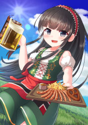 Rule 34 | 1girl, absurdres, alcohol, alternate costume, azur lane, beer, black hair, cloud, cup, drinking glass, food, grass, grey eyes, highres, jewelry, looking at viewer, mug, necklace, oozeki (v-necker), open mouth, sky, solo, sun, z19 hermann kunne (azur lane)