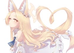 Rule 34 | 1girl, animal ear fluff, animal ears, ascot, bare shoulders, blonde hair, blue archive, blue ascot, commentary request, detached sleeves, dress, extra ears, forehead, fox ears, fox girl, highres, long hair, n4gare b0shi, orange eyes, parted bangs, parted lips, seia (blue archive), simple background, solo, white background, white dress, white sleeves