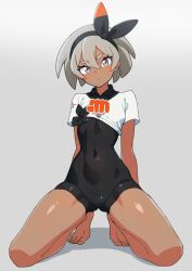 Rule 34 | 1girl, barefoot, bea (pokemon), black bodysuit, bodysuit, breasts, closed mouth, commentary request, covered navel, creatures (company), cropped shirt, eyelashes, full body, game freak, grey background, grey eyes, grey hair, highres, kamidan, kneeling, light frown, nintendo, pokemon, pokemon swsh, shirt, short hair, short sleeves, simple background, skin tight, small breasts, solo, thick eyebrows, toes, white shirt