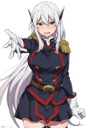 Rule 34 | 1girl, absurdres, belt, belt buckle, black skirt, blush, breasts, buckle, buttons, commentary request, dated, gloves, hair between eyes, headgear, highres, large breasts, long hair, long sleeves, looking at viewer, lower teeth only, mato seihei no slave, military uniform, miniskirt, open mouth, pleated skirt, reaching, reaching towards viewer, red eyes, sidelocks, simple background, skirt, solo, sweat, takatisakana, teeth, thighhighs, uniform, uzen kyouka, very long hair, white background, white gloves, white hair