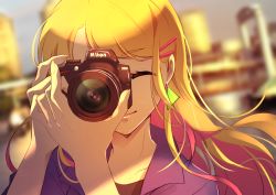 Rule 34 | 1girl, absurdres, black shirt, blonde hair, blurry, blurry background, camera, closed mouth, collarbone, earrings, eriko (nakaeri gogo), closed eyes, floating hair, hair ornament, hairclip, highres, holding, holding camera, jacket, jewelry, long hair, multicolored hair, original, pink hair, portrait, purple jacket, shirt, solo, two-tone hair