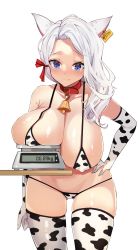 Rule 34 | 1girl, animal ears, animal print, bikini, blue eyes, blush, breasts, chukibabo2, cleavage, closed mouth, collarbone, commission, cow girl, cow print, cow print bikini, elbow gloves, gloves, hand on own hip, highres, huge breasts, original, print bikini, print gloves, print thighhighs, simple background, skindentation, solo, swimsuit, thighhighs, thighs, weighing breasts, weighing scale, white background, white hair, wide hips