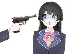 Rule 34 | 1girl, 1other, aiming, ambiguous gender, black hair, black jacket, blazer, blue eyes, bow, bowtie, brown sweater, collared shirt, commentary, crying, crying with eyes open, gujin (tp acid), gun, gun to head, handgun, holding, holding gun, holding weapon, jacket, layered clothes, long hair, long sleeves, looking at another, looking to the side, nijisanji, no pupils, open mouth, out of frame, pink bow, pink bowtie, school uniform, shaded face, shirt, simple background, sweater, tears, tsukino mito, tsukino mito (1st costume), upper body, virtual youtuber, walther, walther p38, weapon, white background, white shirt