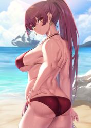 Rule 34 | 1girl, ass, back, bad id, bad pixiv id, beach, bikini, blush, breasts, butt crack, closed mouth, cowboy shot, earrings, from behind, hand on own hip, heart, heart earrings, heterochromia, highres, hololive, houshou marine, houshou marine (summer), jewelry, large breasts, looking at viewer, looking back, moisture (chichi), muscular, muscular female, necklace, ocean, outdoors, pirate ship, ponytail, red bikini, red eyes, red hair, smile, swimsuit, thighs, virtual youtuber, water, wet, yellow eyes