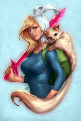 Rule 34 | 1girl, adventure time, animal hood, backpack, bag, blonde hair, blue eyes, cake (adventure time), cartoon network, fionna campbell, hood, long hair, realistic, shoulder perch, smile, sword, the art mage, weapon