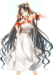Rule 34 | 1girl, absurdres, al-qalam, amaterasu (mythology), bare shoulders, black hair, breasts, cleavage, dress, hair bun, hair ornament, hand on own hip, has bad revision, has downscaled revision, highres, japanese mythology, long hair, md5 mismatch, original, resolution mismatch, simple background, single hair bun, small breasts, solo, source smaller, very long hair, white background, white dress