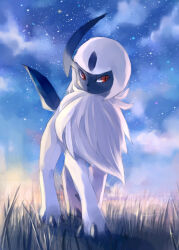 Rule 34 | :&lt;, absol, animal focus, blue sky, claws, closed mouth, cloud, creatures (company), full body, fur collar, game freak, gen 3 pokemon, grass, looking to the side, night, nintendo, no humans, outdoors, pippi (pixiv 1922055), pokemon, pokemon (creature), red eyes, short hair, sidelocks, sketch, sky, solo, standing, star (sky), starry sky, white hair
