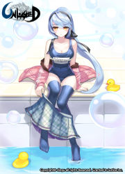Rule 34 | 1girl, bare shoulders, blue hair, blue one-piece swimsuit, blue thighhighs, breasts, bubble, cleavage, clothes pull, collarbone, covered navel, dingu, green skirt, hairband, jacket, large breasts, long hair, looking at viewer, miniskirt, name tag, no shoes, off shoulder, official art, one-piece swimsuit, orange eyes, pink jacket, plaid, plaid skirt, ponytail, pool, rubber duck, school swimsuit, sidelocks, sitting, skirt, skirt pull, solo, swimsuit, thighhighs, unleashed, very long hair, water, watermark