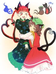 Rule 34 | 2girls, ;3, ;d, animal ears, black bow, blunt bangs, blunt tresses, blush stickers, bow, brown hair, cat ears, cat tail, chen, chen (cat), closed eyes, commentary, dress, english commentary, extra ears, friends, green dress, hair bow, hair ribbon, heart, heart tail, height difference, highres, himuhino, hug, juliet sleeves, kaenbyou rin, kaenbyou rin (cat), long hair, long sleeves, looking at another, medium hair, multiple girls, multiple tails, nekomata, one eye closed, open mouth, pointy ears, puffy sleeves, red dress, red eyes, red hair, ribbon, simple background, smile, tail, touhou, tress ribbon, two tails, white background, yuri