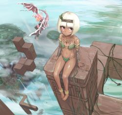 Rule 34 | 2girls, animal ears, anklet, armlet, asatsuki (cookie), aztec, barefoot, bikini, blunt bangs, bob cut, bracelet, breasts, breath weapon, breathing fire, city, closed mouth, commentary request, cookie (touhou), dark-skinned female, dark skin, dragon, dragon hisui (cookie), eyepatch bikini, facepaint, feather hair ornament, feathers, fire, floating island, floating rock, full body, green bikini, hair ornament, hisui (cookie), jewelry, konpaku youmu, long hair, looking at viewer, multiple girls, navel, necklace, o-ring, o-ring bikini, plant, platinum blonde hair, purple hair, rabbit ears, reisen udongein inaba, short hair, sitting, small breasts, solo focus, swimsuit, tan, touhou, vines, water, waterfall, yma
