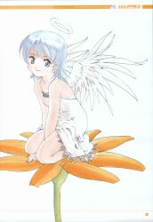 Rule 34 | 1girl, absurdres, between legs, closed mouth, dress, english text, feathered wings, flower, fujishima kousuke, game jin partner, grey eyes, grey hair, halo, hand between legs, highres, looking at viewer, medium hair, moire, numbered, orange flower, page number, parted lips, rivetta (game jin partner), scan, seiza, sitting, smile, solo, spaghetti strap, traditional media, v arms, white background, white dress, white wings, wings
