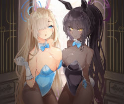 Rule 34 | 2girls, :o, animal ears, arm behind back, arms behind back, asuna (blue archive), asuna (bunny) (blue archive), bare arms, bare shoulders, black hair, black leotard, blue archive, blue bow, blue bowtie, blue eyes, blue leotard, blue ribbon, blush, bow, bowtie, breast press, breasts, brown legwear, cleavage, cowboy shot, dark-skinned female, dark skin, detached collar, fake animal ears, fake tail, fishnet legwear, fishnets, gloves, hair over one eye, halo, highres, karin (blue archive), karin (bunny) (blue archive), large breasts, leotard, light brown hair, mixed-language commentary, mole, mole on breast, multiple girls, open mouth, pantyhose, playboy bunny, ponytail, rabbit ears, rabbit tail, ribbon, sidelocks, smile, strapless, strapless leotard, tail, thighband pantyhose, uo illust, white gloves, yellow eyes