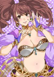 Rule 34 | 1girl, arabian clothes, azukiko, bandeau, bracelet, breasts, bridal gauntlets, brown hair, choker, cleavage, dancer, dangle earrings, earrings, fingernails, gold choker, hand up, harem outfit, jewelry, kujikawa rise, large breasts, lips, long hair, looking at viewer, nail polish, navel, necklace, official alternate costume, parted lips, persona, persona 4, persona 4: dancing all night, persona dancing, pink nails, polka dot, polka dot background, solo, twintails