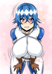 Rule 34 | belt, blue hair, bodysuit, breasts, choker, cleavage, fur trim, gloves, hands on thighs, hanging breasts, highres, japanese text, kinou shia, large breasts, leaning forward, looking at viewer, meikyuu black company, motion lines, panties, panties over bodysuit, red eyes, shirt, skindentation, star-shaped pupils, star (symbol), symbol-shaped pupils, translation request, underwear, white shirt