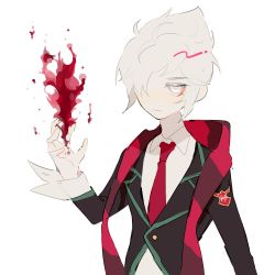 Rule 34 | 1boy, academy vladimir, blood, closed mouth, floating, frown, hair over one eye, highres, league of legends, male focus, necktie, p ar, red necktie, red scarf, scarf, school uniform, simple background, solo, uniform, vladimir (league of legends), white background, white eyes, white hair