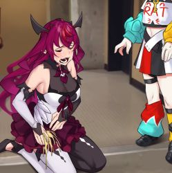 Rule 34 | breasts, cleavage, collar, dasdokter, detached sleeves, food, hakos baelz, highres, hololive, hololive english, horns, irys (hololive), long hair, mouse girl, multicolored hair, multiple girls, parody, pasta, pointy ears, purple hair, red hair, spaghetti, spiked collar, spikes, streaked hair, tears, thighhighs, virtual youtuber