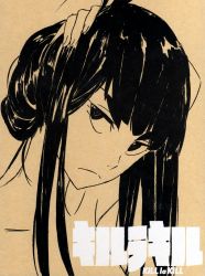 Rule 34 | 10s, 1girl, copyright name, from side, frown, hair up, hand in own hair, head tilt, high contrast, highres, kill la kill, kiryuuin satsuki, official art, portrait, ringed eyes, simple background, solo, sushio, yellow background, yellow theme