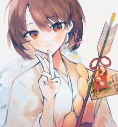 Rule 34 | 1girl, arrow (projectile), blush, brown hair, closed mouth, ema, hair between eyes, hamaya, highres, hyuuga (kancolle), japanese clothes, kantai collection, kazeshio, kimono, looking at viewer, red eyes, short hair, simple background, solo, upper body, v, white kimono