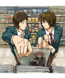 Rule 34 | 2boys, absurdres, bag, blazer, brown hair, brown pants, closed eyes, closed mouth, collarbone, commentary request, fingernails, green jacket, highres, holding, holding magazine, indoors, jacket, kita high school uniform, koizumi itsuki, kusoheadme 26, kyon, long sleeves, looking at another, looking to the side, magazine (object), male focus, multiple boys, nagato yuki, necktie, open clothes, open jacket, open mouth, pants, red necktie, school bag, school uniform, shirt, short hair, standing, suzumiya haruhi no yuuutsu, sweatdrop, white shirt, winter uniform