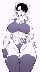 Rule 34 | 1girl, abs, anguriask, bandages, bikini, black hair, black lips, breasts, capcom, chun-li, cleft of venus, fingerless gloves, frontal wedgie, gloves, highleg, highleg bikini, highres, large breasts, muscular, muscular female, short hair, simple background, solo, street fighter, swimsuit, thick thighs, thighhighs, thighs, wedgie, white background