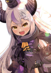 Rule 34 | 1girl, animal, animal on head, bird, collar, commentary request, crow (la+ darknesss), grin, hair between eyes, hands on own hips, haniwa (leaf garden), highres, hololive, holox, horns, jacket, la+ darknesss, lens flare, long hair, long sleeves, looking at viewer, on head, open mouth, pointy ears, smile, solo, striped horns, upper body, virtual youtuber, wide sleeves, yellow eyes
