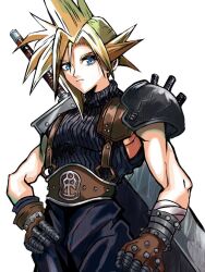 Rule 34 | 1boy, armor, baggy pants, blonde hair, blue eyes, bn 241, buster sword, closed mouth, cloud strife, final fantasy, final fantasy vii, gloves, hair between eyes, hand on own hip, huge weapon, looking at viewer, male focus, pants, ribbed sweater, short hair, shoulder armor, single sidelock, sleeveless, sleeveless turtleneck, solo, spiked hair, suspenders, sweater, sword, turtleneck, turtleneck sweater, upper body, weapon, weapon on back, white background