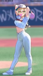 Rule 34 | 1girl, ahoge, alternate costume, arms behind head, arms up, baseball, baseball cap, baseball glove, baseball jersey, baseball stadium, baseball uniform, blonde hair, blurry, blurry background, breasts, catcher, chewing gum, company name, cropped shirt, depth of field, eduardowin, full body, gloves, green eyes, hair between eyes, hat, high-waist pants, highres, instagram username, jersey, linea alba, long hair, medium breasts, midriff, navel, outdoors, pants, photo-referenced, pink gloves, pinstripe pattern, pinstripe shirt, pointy ears, saohime yue, shirt, shoes, short sleeves, sidelocks, sneakers, solo, sportswear, stomach, striped clothes, striped shirt, tight clothes, tight pants, twitter username, v-shaped eyebrows, vertical-striped clothes, vertical-striped shirt, virtual youtuber, wactor production, white footwear, white pants, white shirt