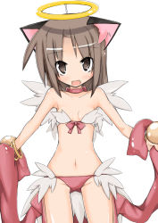 Rule 34 | 1girl, animal ears, bare shoulders, blush, bra, bracelet, brown eyes, brown hair, cat ears, cat girl, choker, fake halo, halo, highres, jewelry, long hair, morino donguri, navel, no nose, open mouth, outstretched arms, panties, ragnarok online, ribbon, strapless, strapless bra, thigh gap, underwear, underwear only, wanderer (ragnarok online), wings