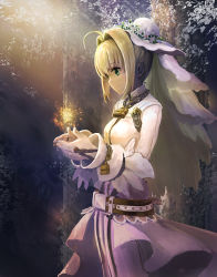 Rule 34 | 1girl, ahoge, alternate costume, belt, board game, braid, bridal veil, chain, coat, commentary request, cowboy shot, cupping hands, fate/grand order, fate (series), forest, french braid, gachapinmuck2, gloves, go (board game), green eyes, hair bun, hair intakes, hat, high collar, highres, lock, long sleeves, nature, nero claudius (bride) (fate), nero claudius (fate), nero claudius (fate) (all), night, own hands together, padlock, single hair bun, sleeves past wrists, solo, sparks, standing, veil, white coat, white gloves