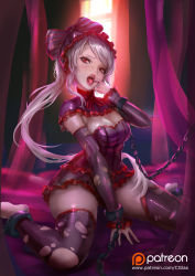 Rule 34 | 1girl, alternate breast size, barefoot, bow, breasts, cglas, chain, cleavage, curtains, detached collar, detached sleeves, dress, fang, fangs, finger in own mouth, frilled dress, frills, gothic lolita, hair bow, head tilt, large breasts, lolita fashion, long hair, looking at viewer, open mouth, overlord (maruyama), purple dress, realistic, red eyes, shalltear bloodfallen, silver hair, sitting, sleeveless, sleeveless dress, solo, teeth, thighhighs, thighs, torn clothes, torn thighhighs, upper teeth only, vampire, very long hair, wariza, window