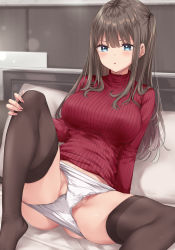 Rule 34 | 1girl, blush, breasts, brown hair, brown thighhighs, commentary request, feet out of frame, fingernails, hand on own knee, highres, indoors, knee up, large breasts, leaning back, long fingernails, long hair, long sleeves, midriff, nail polish, no pants, no shoes, on bed, one side up, original, panties, panty pull, parted lips, pink nails, red sweater, ribbed sweater, sidelocks, sitting, skindentation, solo, spread legs, sweatdrop, sweater, taut clothes, thighhighs, thighs, turtleneck, turtleneck sweater, underwear, white panties, wing (aiastor)