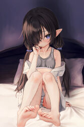 Rule 34 | 1girl, absurdres, barefoot, black hair, blue eyes, blush, bra, breasts, clothes down, clothing aside, commentary request, expressionless, feet, female focus, full body, grey bra, h.yasai, hair over one eye, highres, hymen, long hair, looking at viewer, low twintails, navel, on bed, open clothes, open shirt, original, panties, panties aside, pillow, pointy ears, pussy, sitting, small breasts, solo, sports bra, striped clothes, striped panties, toes, twintails, uncensored, underwear, veins, virgin