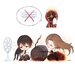Rule 34 | 1boy, 1other, 2girls, air conditioner, antennae, black dress, black eyes, black hair, black wings, blush, brown hair, clock, coat, dante (limbus company), dress, e.g.o (project moon), electric fan, fiery clothing, fire, highres, limbus company, long hair, love mintchoco, multiple girls, necktie, object head, open mouth, project moon, red coat, red necktie, rodion (project moon), ryoshu (project moon), short hair, simple background, smile, very long hair, white background, wings, yi sang (project moon)