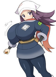 Rule 34 | 1girl, akari (pokemon), alternate breast size, blush, breasts, creatures (company), eyebrows, floating scarf, galaxy expedition team survey corps uniform, game freak, hand on own hip, head scarf, highres, huge breasts, jaga334, japanese text, looking at viewer, motion lines, nintendo, poke ball, poke ball (legends), pokemon, pokemon legends: arceus, red scarf, scarf, simple background, solo, standing, white background
