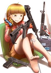 Rule 34 | 1girl, assault rifle, barefoot, beretta 92, between toes, blonde hair, blunt bangs, braid, brown eyes, cleaning, didloaded, eyebrows, feet, gloves, gun, handgun, long hair, m4 carbine, original, patch, rifle, shadow, simple background, sitting, solo, thick eyebrows, toes, weapon, white background