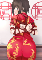 Rule 34 | 1girl, arms behind back, ass, bdsm, bondage, bound, bound arms, bound wrists, brown eyes, brown hair, chicken (chickenx), china dress, chinese clothes, dress, from behind, highres, looking back, original, rope, shibari, shibari over clothes, short hair, solo