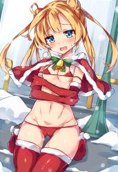 Rule 34 | 10s, 1girl, abukuma (kancolle), bell, bikini, blonde hair, blue eyes, blurry, blush, boots, breasts, breath, capelet, christmas, cleft of venus, cold, depth of field, double bun, dutch angle, elbow gloves, fur-trimmed boots, fur-trimmed capelet, fur-trimmed gloves, fur trim, gloves, gluteal fold, hair bun, hair rings, kantai collection, kneeling, long hair, looking at viewer, micro bikini, outdoors, red bikini, red gloves, red thighhighs, shawl, side-tie bikini bottom, small breasts, snow, solo, swimsuit, tearing up, thighhighs, twintails, unacchi (nyusankin)