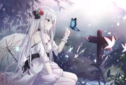 Rule 34 | 1girl, bare shoulders, blue eyes, bug, butterfly, choker, dress, flower, hair ornament, highres, insect, long hair, original, outdoors, pale skin, parasol, profile, short sleeves, signpost, silver hair, sitting, solo, strapless, strapless dress, touhourh, umbrella, wariza